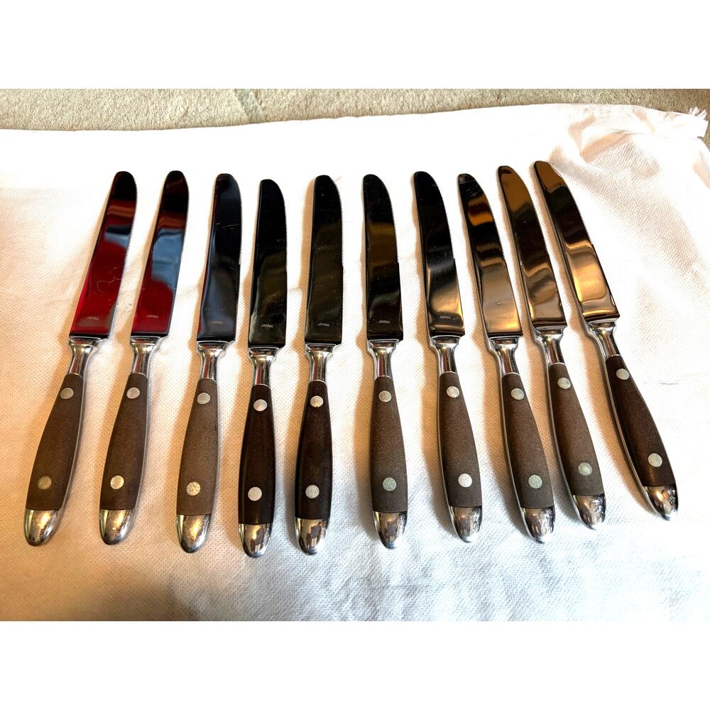 VTG Supreme Cutlery Japan Stainless Brown Rivet Handle Dinner Knives LOT OF 10